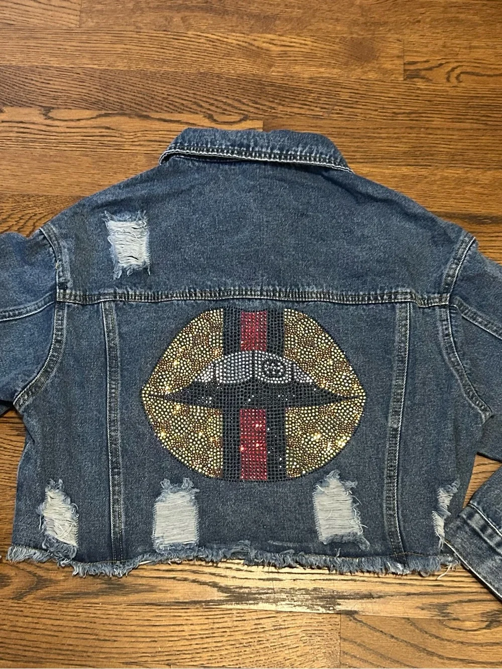 Embellished Rhinestone Lip Denim Jacket by designer XoxoE